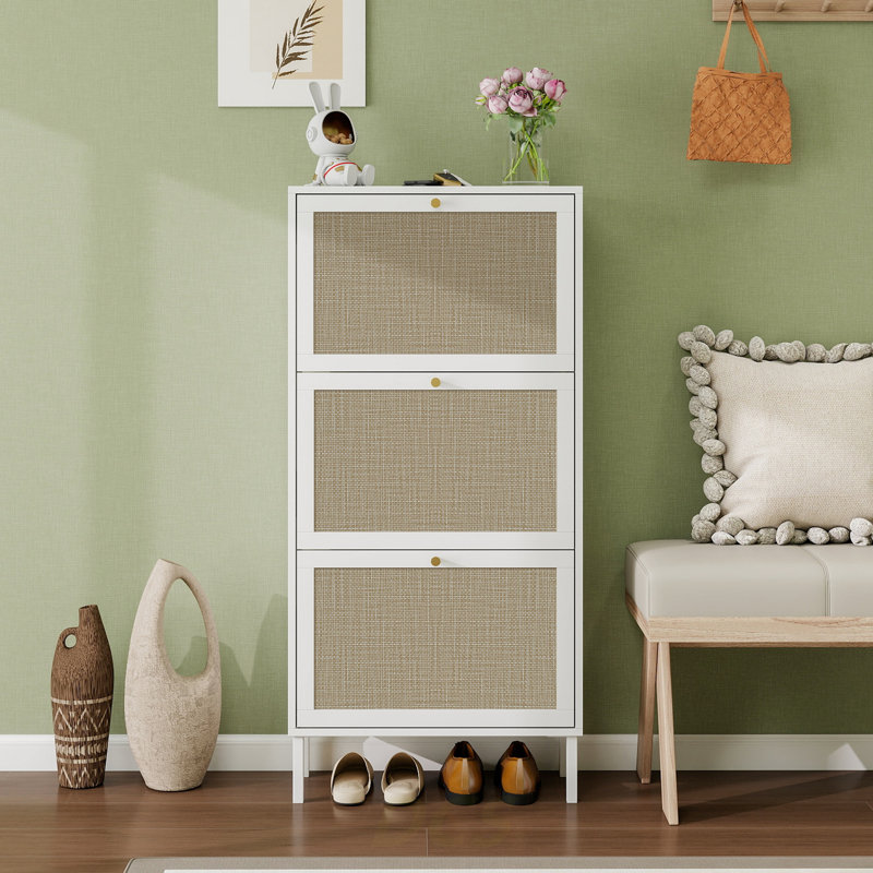 Rattan 3 Door Shoe Rack, Freestanding Modern Shoe Storage Cabinet, For Entryway, Shoe Storage, White