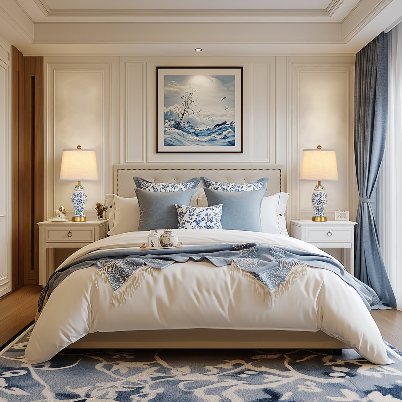 Ensemble de lampes pot en porcelaine bleues et blanches 22 po avec base chromée Engelbertus