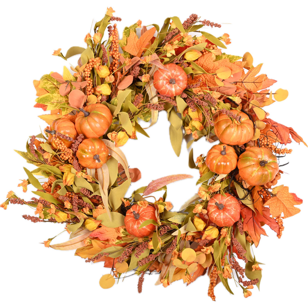 26" Large Fall Autumn Thanksgiving Pumpkin Maple Front Door Wreath The Holiday Aisle®