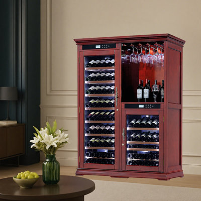 Freestanding Wine Cabinet, Stylish Wine Cooler With UV-Resistant Glass Door, LED Light & Storage Rack
