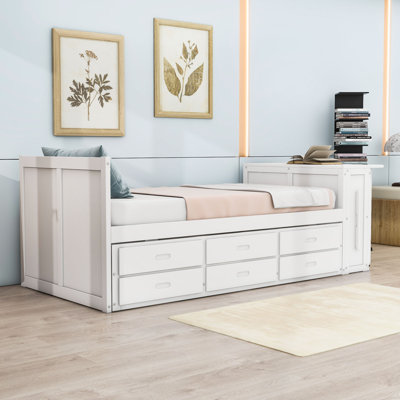 Lit plateforme simple en bois avec bureau intégré et 3 tiroirs et lit gigogne