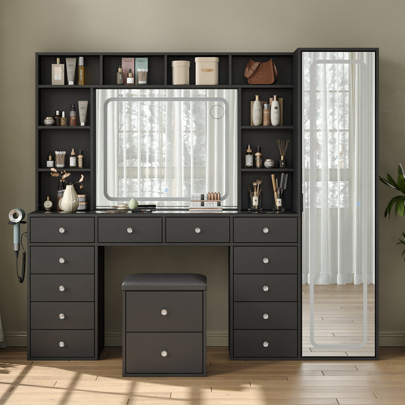 Miroir de bureau pleine longueur et miroir à DEL avec prise de courant, 12 tiroirs de maquillage et 10 tablettes de rangement ouvertes, capacité de rangement cachée, coiffeuse à intensité variable et 3 couleurs pour la chambre à coucher