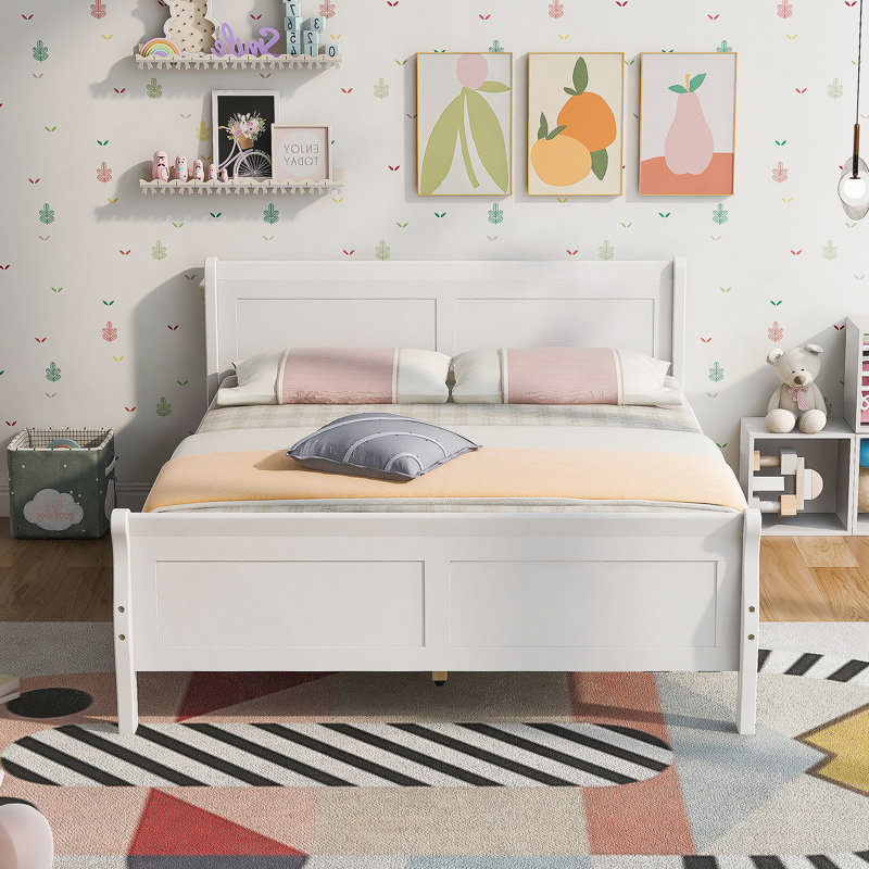 Lit plateforme en bois avec tête de lit et lattes en bois, Lit double, Blanc