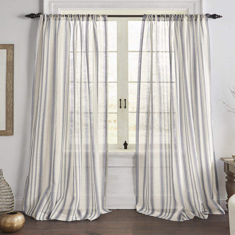 Gray Sheer Striped Cotton Linen Rod Pocket Curtain Panel