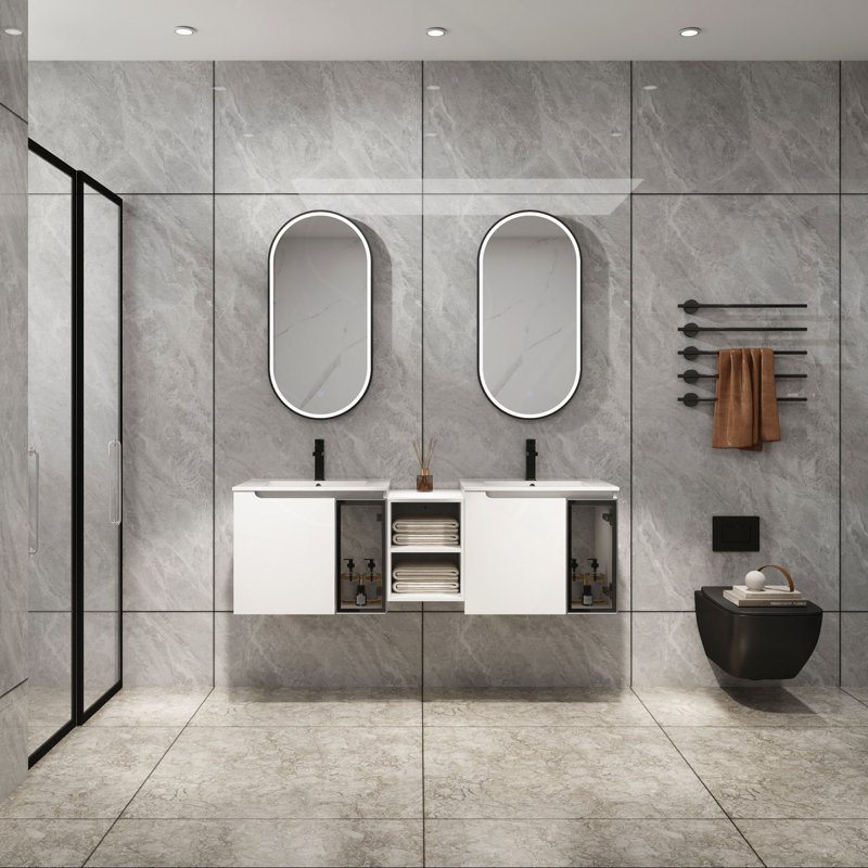 Meuble-lavabo mural 60 po avec lavabo en céramique, portes à fermeture douce, 1/2 porte vitrée, petite tablette de rangement, contreplaqué (emballage KD)