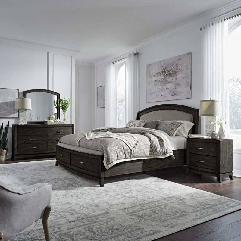 Ensemble de chambre à coucher avec rangement Drelan, Très grand,  Ensemble de 4 pièces : lit, miroir, commode, t, Brun foncé