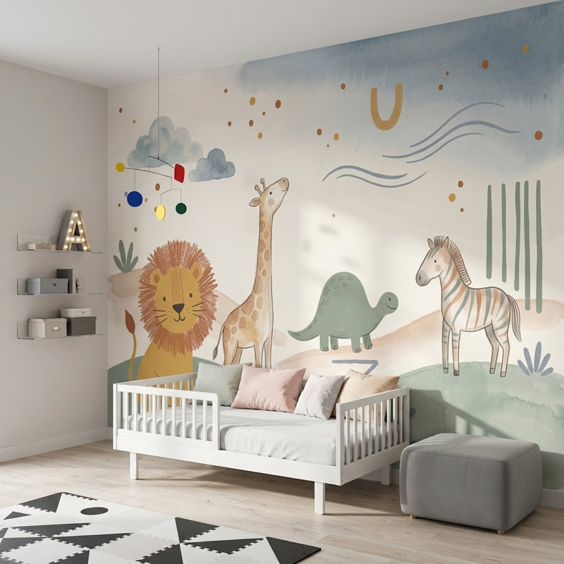 Safari, papier peint de chambre d'enfant, aquarelle, Texturé non collé, 100 po x 96 po