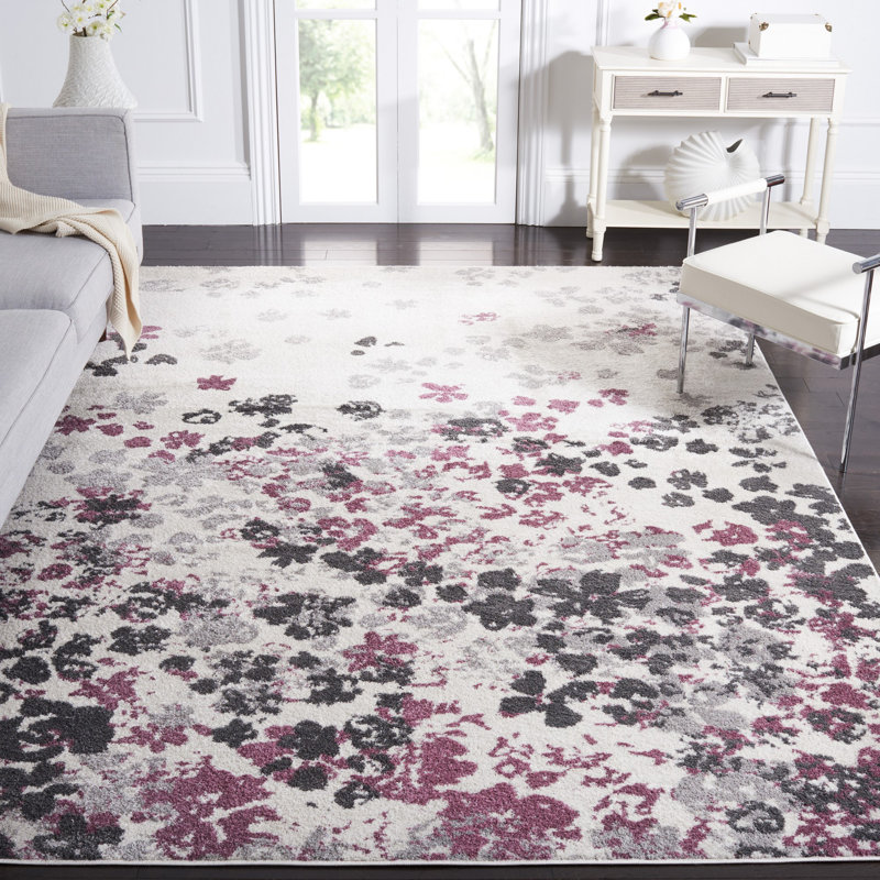 Tapis ivoire / gris / mauve à motif floral Makeba, Rectangle 9 pi x 12 pi