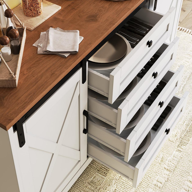 Ertekin 55.11‘’ Wide Rustic Sideboard with 2 Sliding Barn Doors and 4 Drawers, Tv Stand Cabinet, White/Walnut