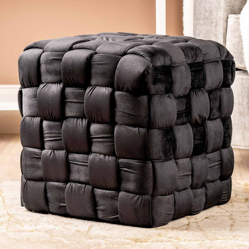 Barbaralee Velvet Woven Ottoman Dressing Stool for Bedroom Furniture, Modern Accent Stool with MDF Base, Black