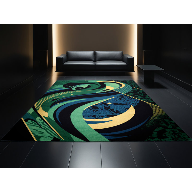 Tapis bleu éclectique abstrait lavable à la machine Joyce Loki, 3 X 5