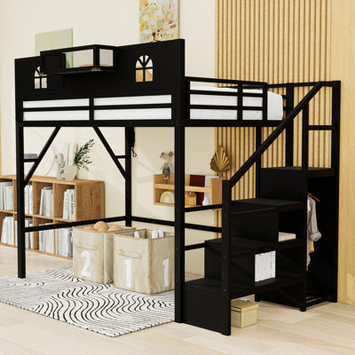 Lit mezzanine en métal avec station de charge, lumière DEL, garde-robe et escalier