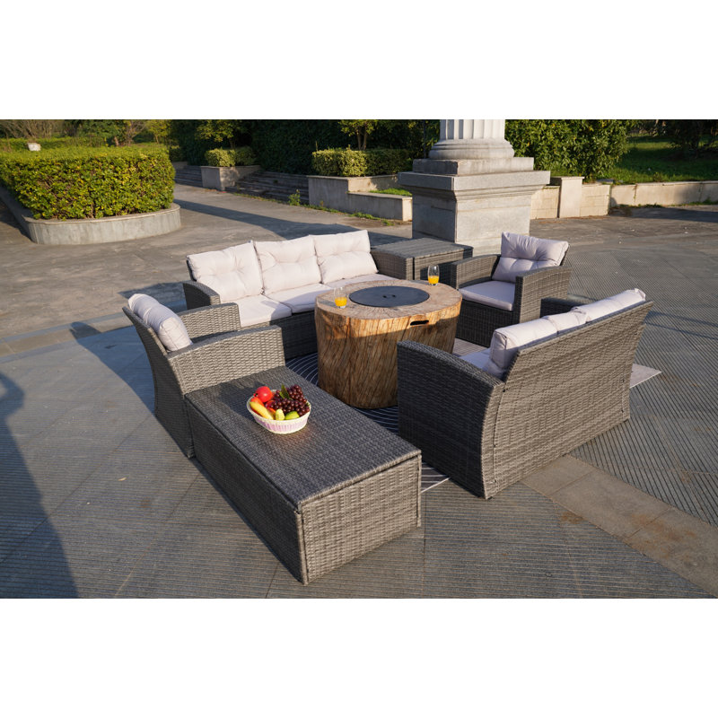 Small firepit with 1503 Wicker 7 - Person Patio Conversation Set with Cushions