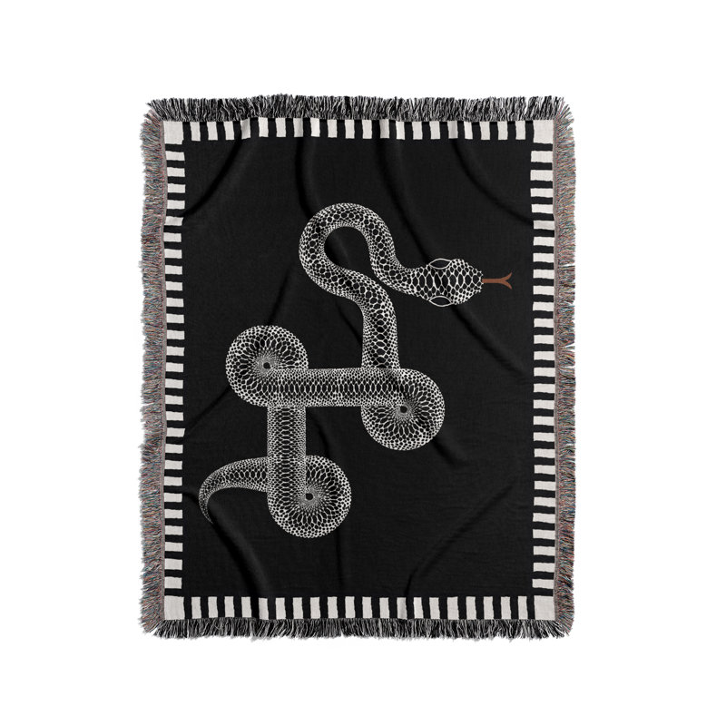 Jeté en mélange de coton Vanjo Snake, L 60 po x l 50 po, Noir / blanc cassé