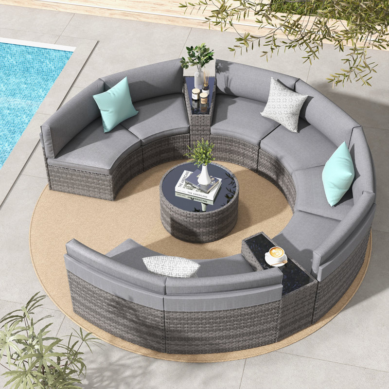11 Piece 8 Person Outdoor Wicker Conversation Set With Cushions & Toss Pillow, Beige Frame/Beige Cushion 