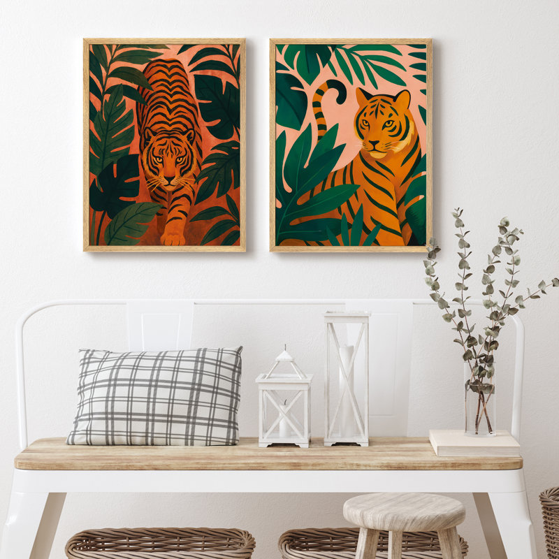 «Jungle Tiger», ensemble de 2 reproductions d'art mural audacieux sur la faune tropicale encadrée pour un décor éclectique de salon ou de bureau