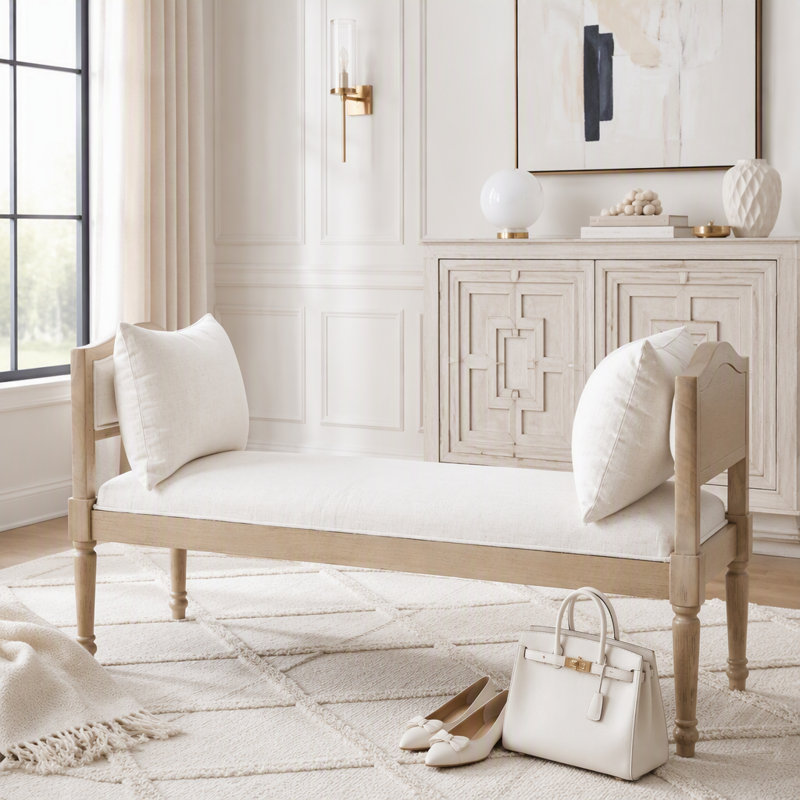 Banc rembourré avec pieds tournés, Beige