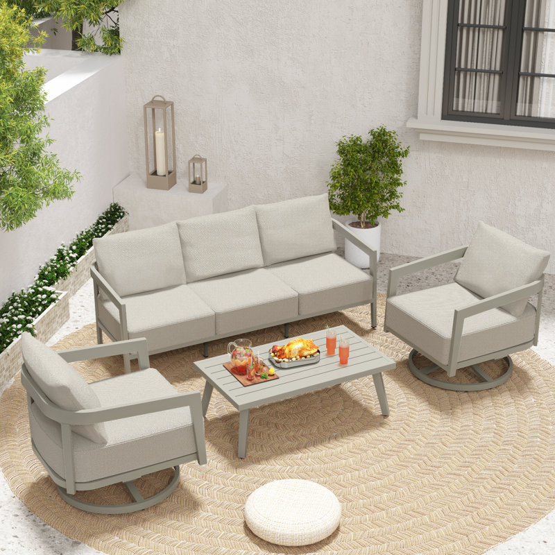 Trombley 4-Piece Aluminum Wicker Patio Conversation Set With 3-Seat Sofa, Swivel Chairs, Coffee Table And Gray Cushions