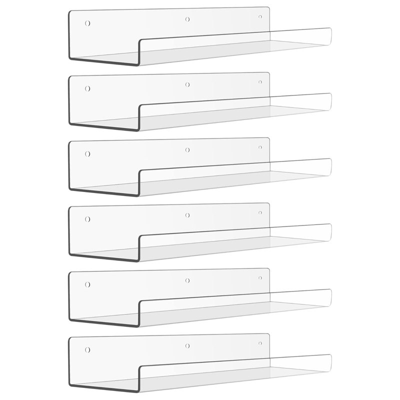 Acrylic Wall Shelves 6-Pack 15"X4" Floating Bookshelves Clear Storage Organizer For Room, Bathroom, Bedroom, Kitchen