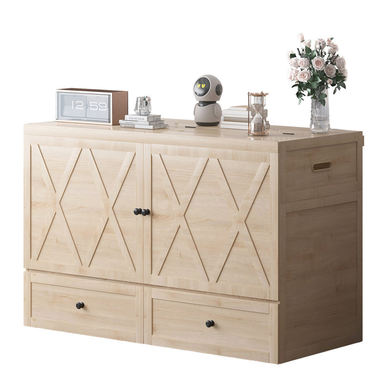 Grand lit escamotable avec station de charge USB et tiroirs de rangement, naturel, Naturel