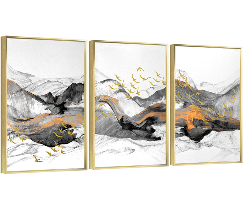 QS15-1_Lignes abstraites et montagne, art mural, ensemble de 3 reproductions d'art sur toile, Doré