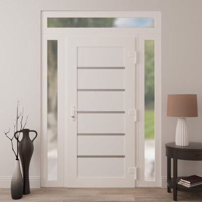 Front Exterior Prehung uPVC Metal-Plastic Door Manux 8415 White Silk 2 Side and Top Sidelite Transom Office Commercial and Residential Doors Entrance Patio Garage 56 x 94 (W12+32+12 x H80+14) Left hand Inswing