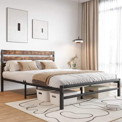 Base de lit grand brun rustique, base de lattes en métal, support de matelas, cadre de rangement supplémentaire avec lattes, tête de lit en bois, sous option