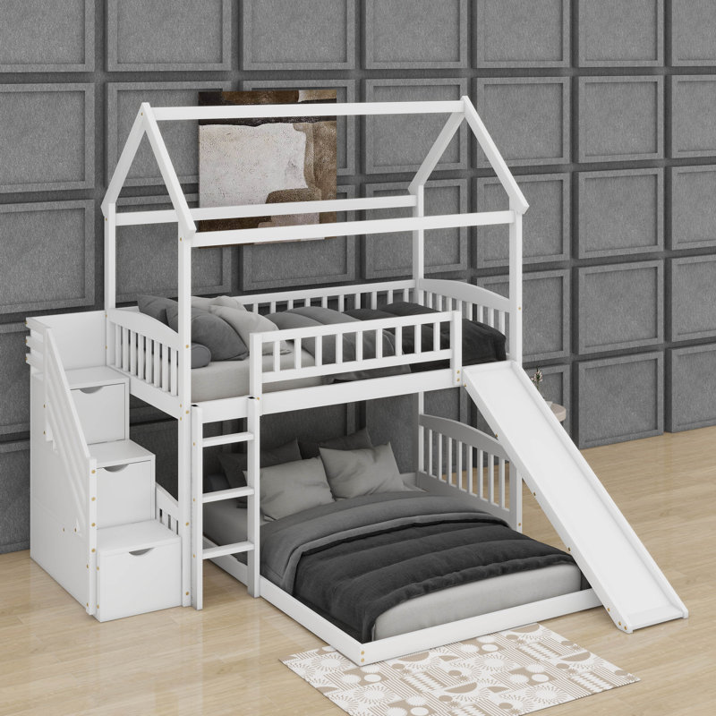 Twin Over Full House Bunk Bed With Slide, White