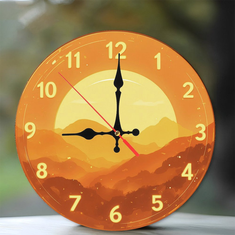 Horloge avec coucher de soleil en montagne