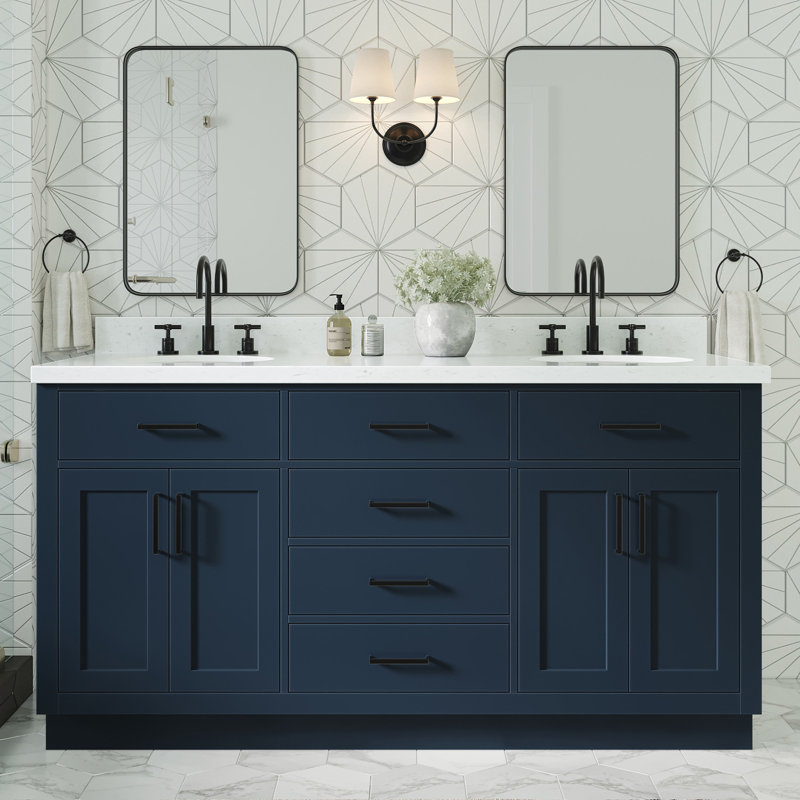Meuble-lavabo double en bois massif 66 po avec plateau en quartz Carrara de 1,5 po Thornaby, Ovale, Bleu minuit / noir mat