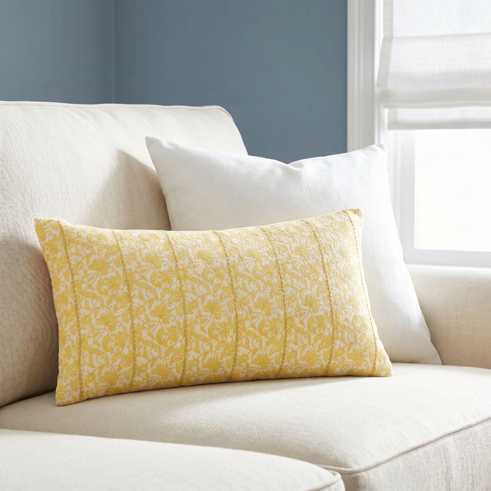 Kalon 26" x 14" Embroidered Throw Pillow, Yellow/White