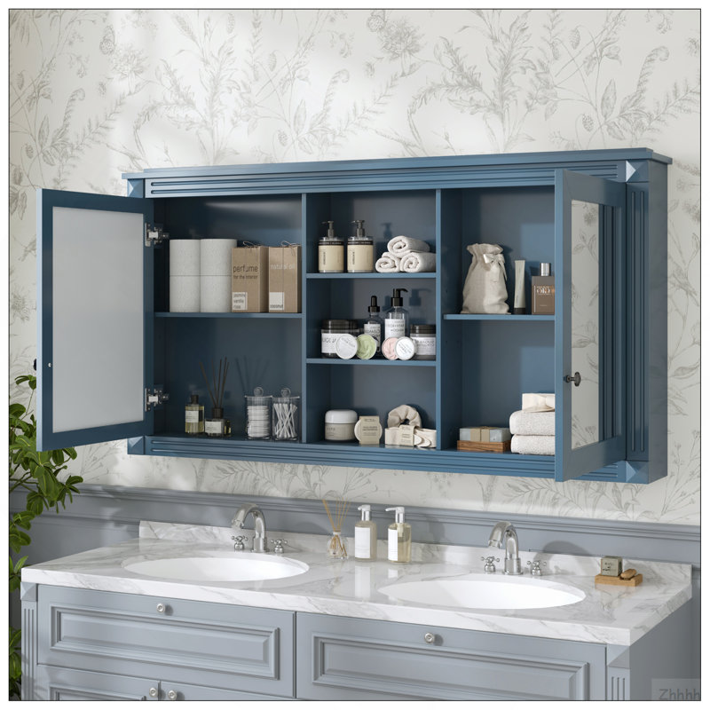 55 Inch Wall-Mount 2-In-1 Mirror Cabinet With Adjustable Shelves, Soft-Closing Hinges, High-Definition Mirrors, For Bathroom Vanity, Living Room, Bedroom Storage Organizer