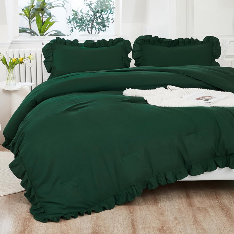 Ensemble d'édredon très foncé vert émeraude, ensemble de literie 3 pièces Boho Vintage Solid Forest Ruffle, ensemble de lit léger toutes saisons (édredon 104 x 90 po et 2 taies d'oreiller)