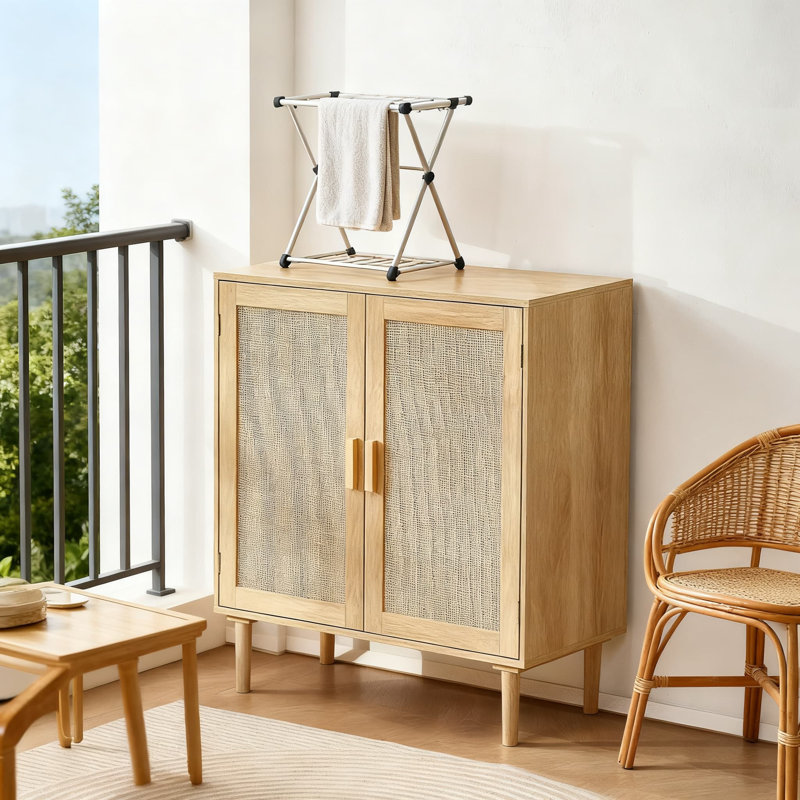 Rattan Buffet Cabinet With 2 Magnetic Doors And Adjustable Shelves, Hand-Woven Vintage Style Sideboard Storage For Living Room, Kitchen, Entryway Or Hallway
