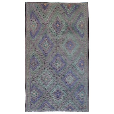 Tapis vert en laine noué à la main de conception unique 6 pi 9 po x 11 pi 9 po années 2000 Jijim