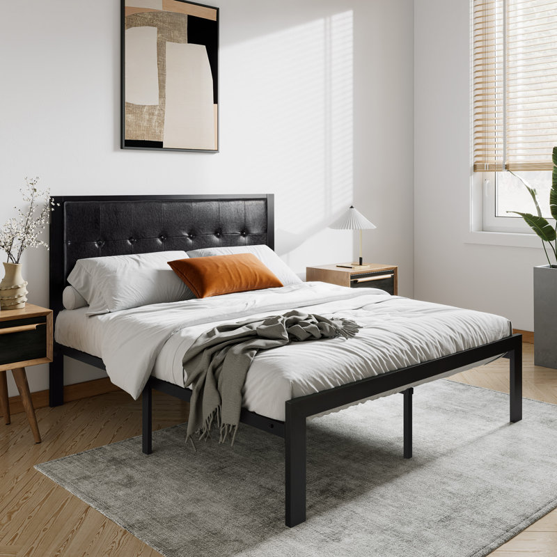Naiomy Upholstered Metal Platform Bed, Queen, Black