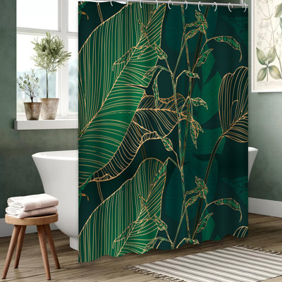 Rideau de douche doré à motif de feuilles de palmier avec 12 crochets