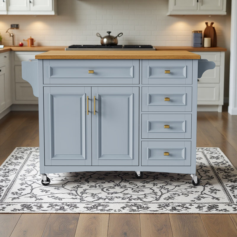 53.5" Farmhouse Kitchen Island with Power Outlet - Drop Leaf, Spice Rack, Locking Wheels & 400 lb Capacity, Rustic Storage Cart for Kitchen & Dining Room