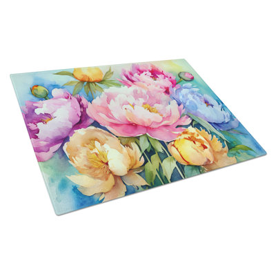 Peonies in Watercolor Glass Cutting Board Large