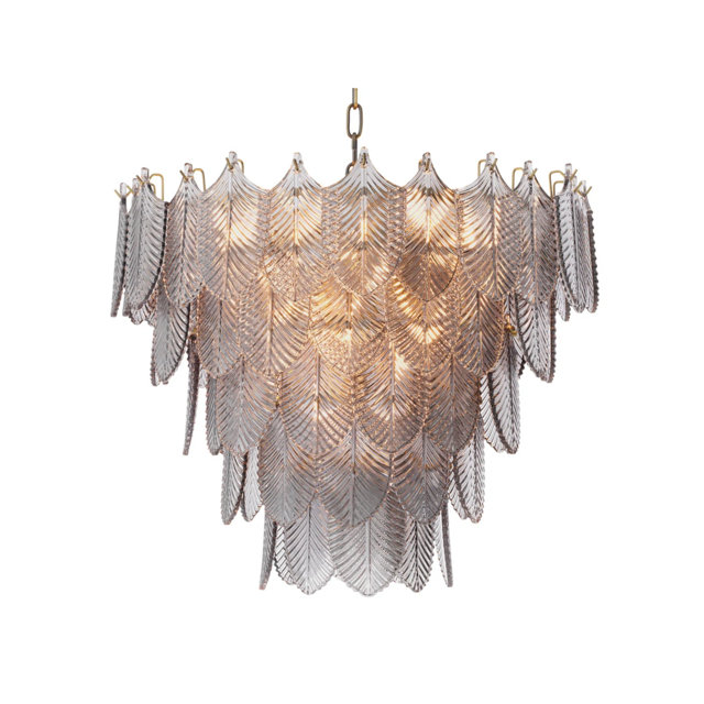 A tiered chandelier made of glass leaves.