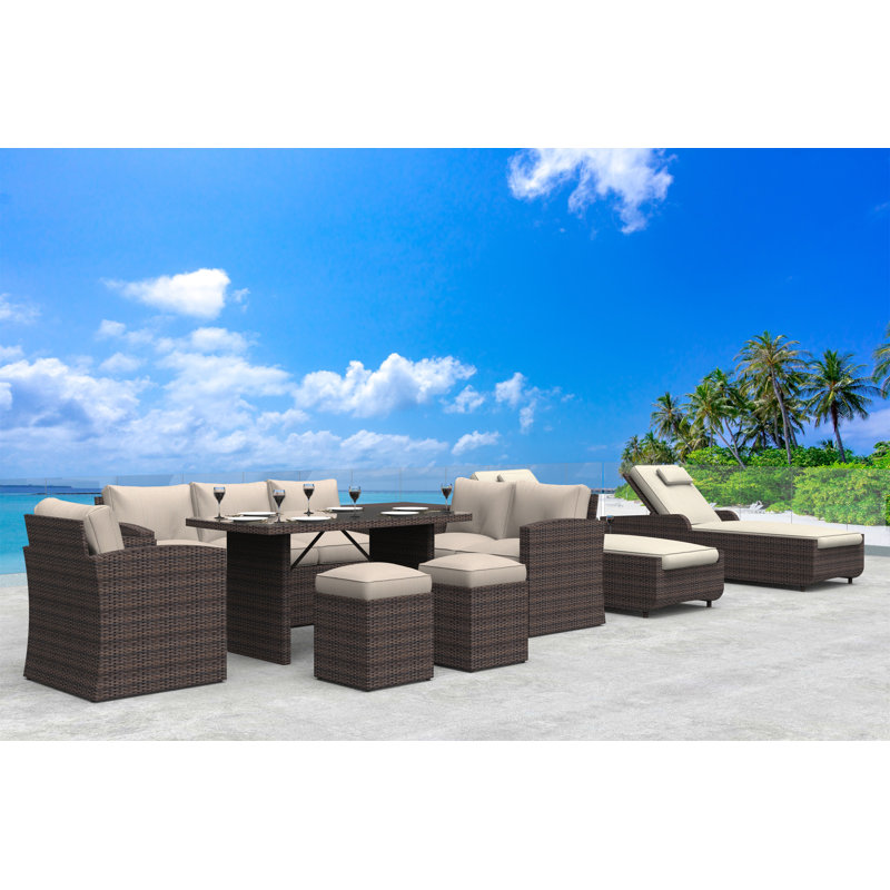 Ensemble de conversation en osier / rotin pour 10 personnes avec coussins, Brun