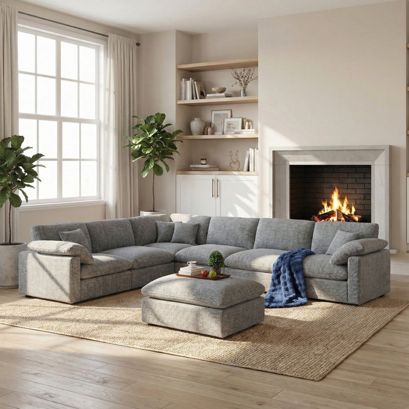7 seater 145" Extra Deep Sectional Sofa Modern L-Shaped Modular Sectional Chenille Sofa with Ottoman, Gray Chenille