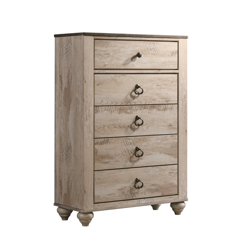 Commode à 5 tiroirs avec plateau en bois patiné, finition blanche délavée Imerland Imerland