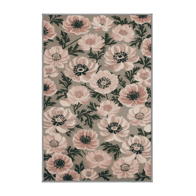 Tapis gris botanique lavable à la machine, Rectangle 5 pi x 7 pi