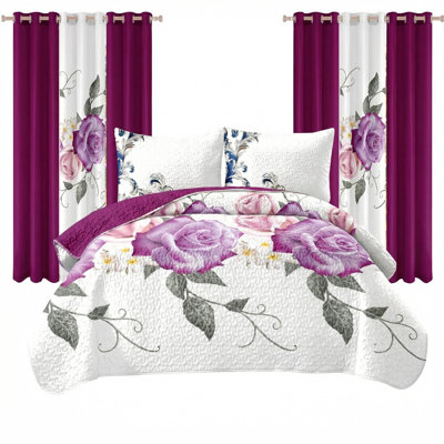 King Size 9-Piece Purple Rose Floral Bedding & Curtain Set (King) - Quilted Microfiber Bedspread + Sheer Drapes