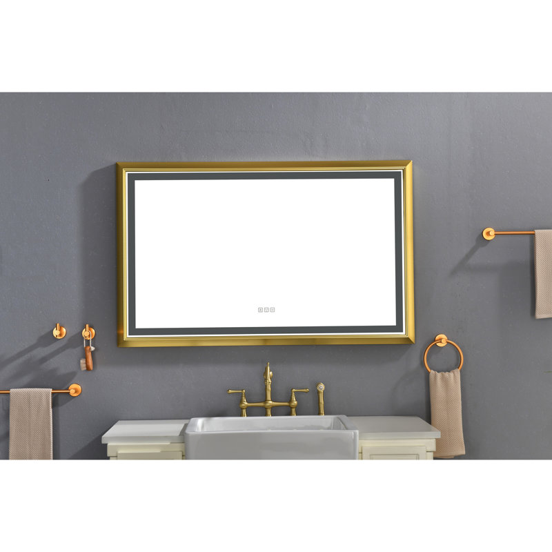 Miroir de salle de bain 48 po x 30 po en aluminium avec brouillard, mémoire, 3 couleurs, réglage continu de la luminosité, apparence exquise, cadre mural en or brossé, artisanat,