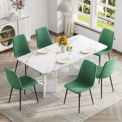 Table en marbre moderne et ensemble de chaises en velours 4/6 pour petits espaces cuisine / appartement / salle à manger