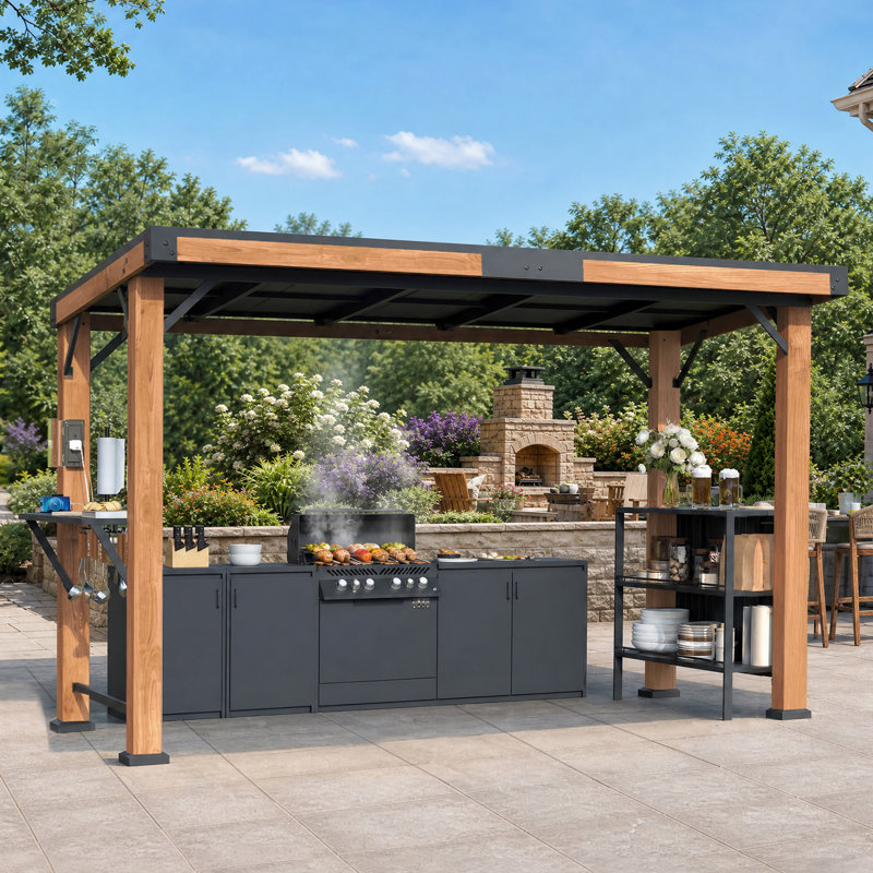 Briarwood 6 FT. X 12 FT. Premium Cedar Wood And Slope Steel Hardtop Grill Pavilion Gazebo With Charging Socket,Storage Shelf And Hook  Accessory