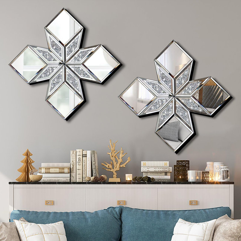 Crushed Diamond Decorative Mirror 2 Pack 16.75X16.75” Diamond Shape Glass Decor Wall Mirror For Home Decor, Accent Mirror