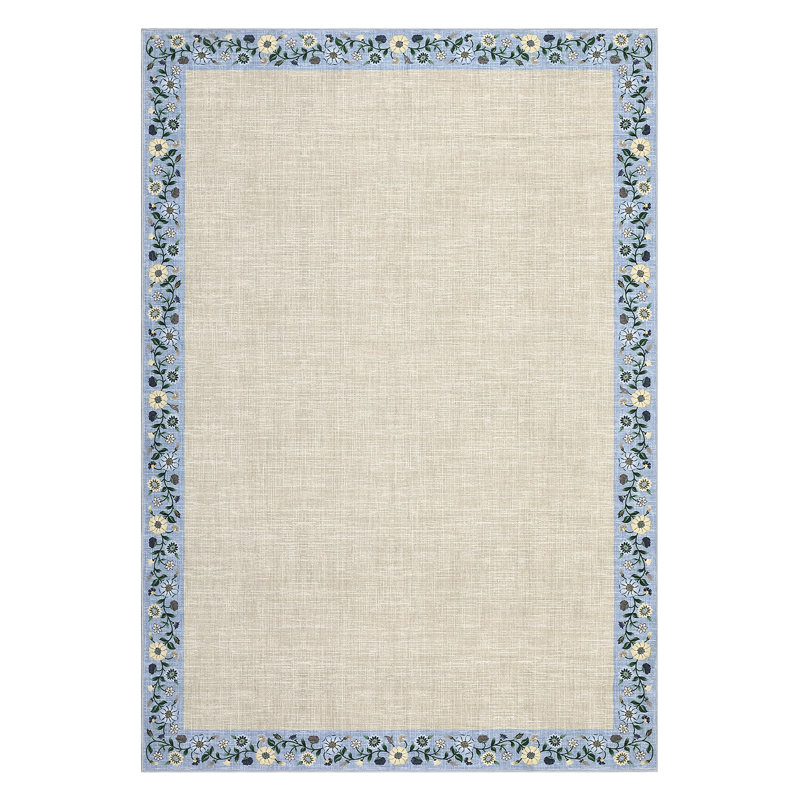Washable Area Rug 8x10ft – Soft Low Pile Non-Slip Edgeed Carpet with Floral Botanical Print, Lightweight Collapsible Modern Farmhouse Rug for Living Room, Bedroom, Dining Room, Beige